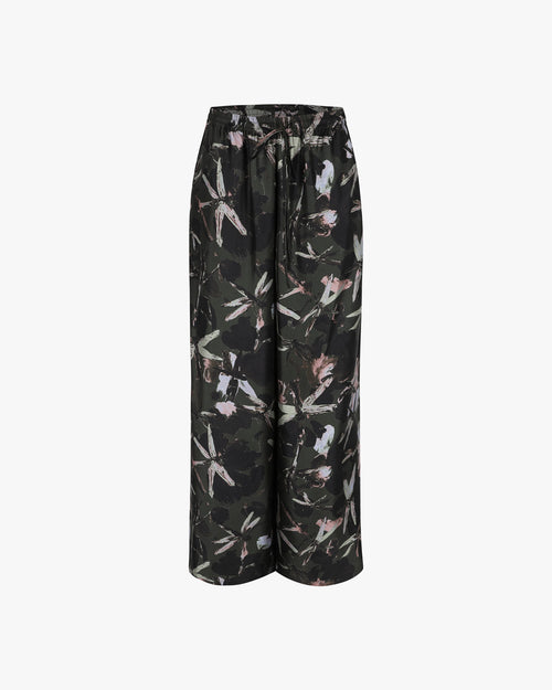 Amalia pant in floral silk twill, Deep Forest — LIBE effortless ready-to-wear, Anthesis collection
