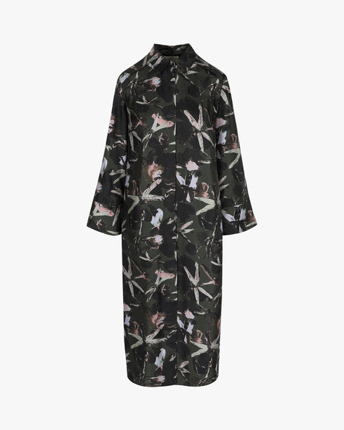 Amata dress in floral silk twill, Deep Forest — LIBE effortless ready-to-wear, Anthesis collection