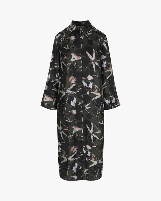 Amata dress in floral silk twill, Deep Forest — LIBE effortless ready-to-wear, Anthesis collection