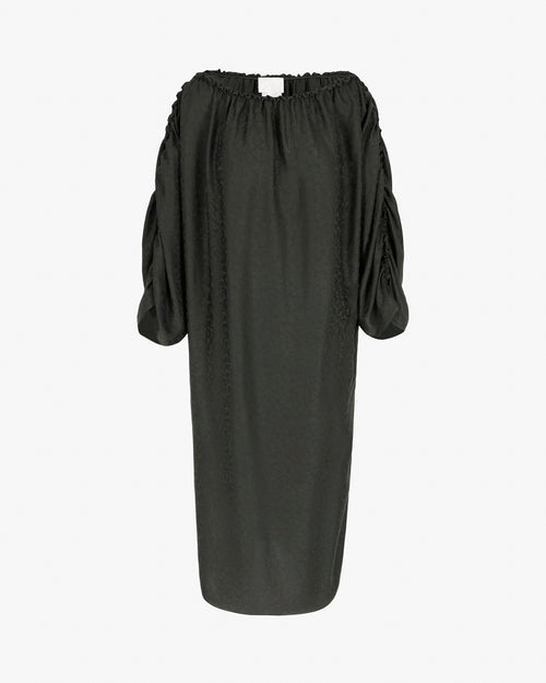 Elia dress in Beetle Green silk jacquard — LIBE effortless ready-to-wear, Floravis collection
