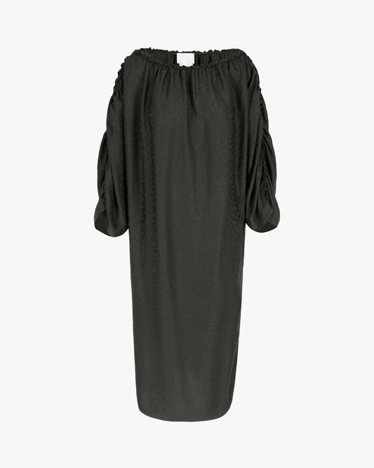 Elia dress in Beetle Green silk jacquard — LIBE effortless ready-to-wear, Floravis collection