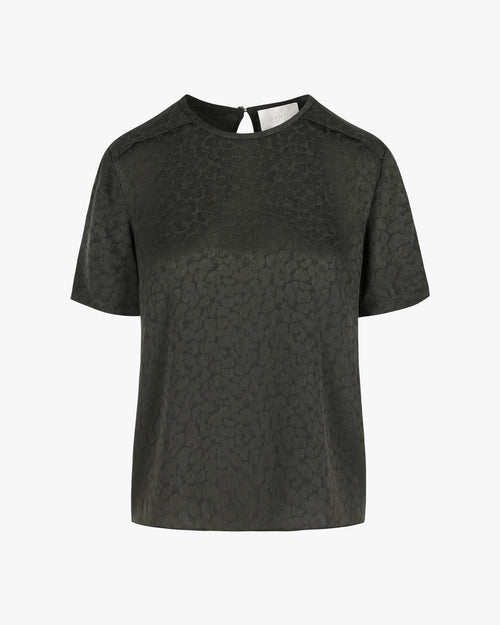 Olivia top in Beetle Green silk jacquard — LIBE effortless ready-to-wear, Floravis collection